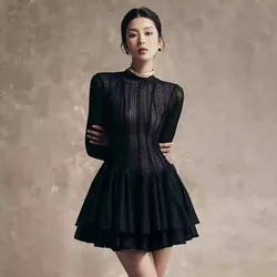 2024 Runway Fashion Autumn Black Lace Party Mini Dress Women Stand Collar Hollow Out Ruffles Long Sleeve Pleated Ball Gown Dress