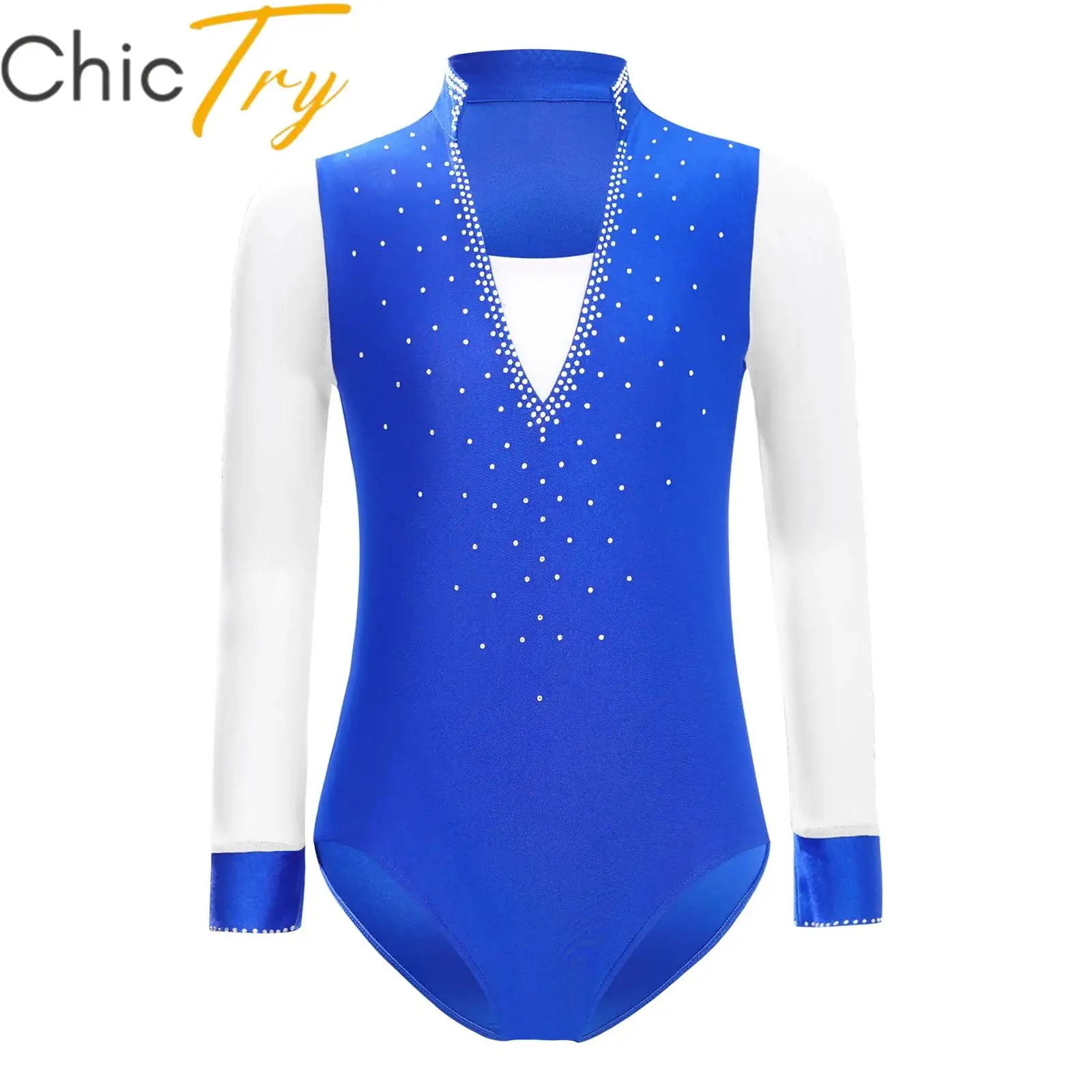 

Kids Boys Figure Skating Dance Leotard Sheer Mesh Long Sleeve Rhinestones Bodysuit for Skating Dancewear Performance Competition
