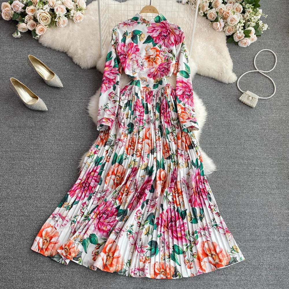 Vestido largo plisado con flores para mujer, ropa femenina Vintage de lujo para vacaciones y otoño