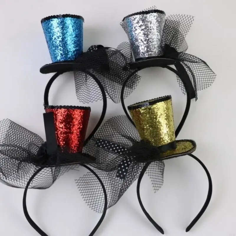 49MF Veil Top Hat Fascinators Hair Hoop Tea Hat for Girls Kids Vintage Pillbox Hat Tea Hat Fascinators Halloween view 3