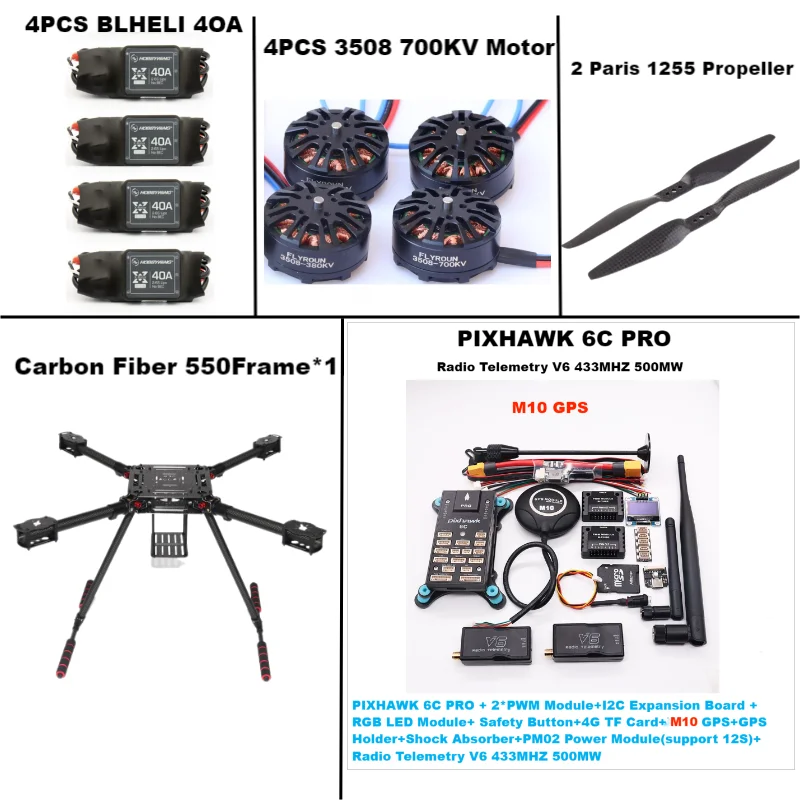 RctoSk 550 Hexa Frame PIXHAWK 6C PRO M10 Flight Control Carbon Ardupilot Radio Telemetry Quadcopter 40A 3508 700KV Motor ESC