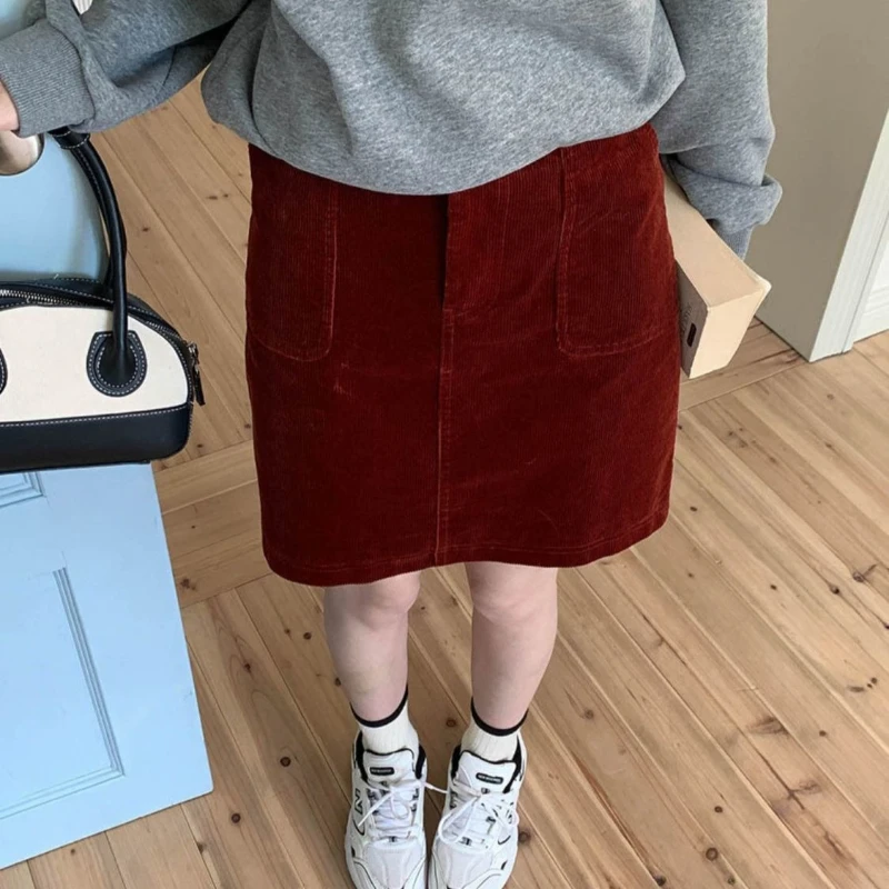

Retro High Waisted Corduroy Midi Skirt Looks Slim, Covers The Belly and Arms, Short Skirt for Women, One Step Skirt