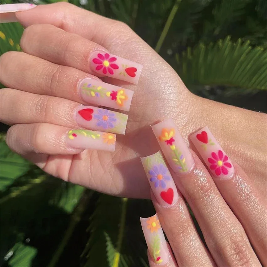 24 stk/set Color Blocking Franse Polka Dot Ontwerp Dragen Kunstnagels Volledige Dekking Kunstmatige Druk op Nagels Lange Platte Fake Nail Art