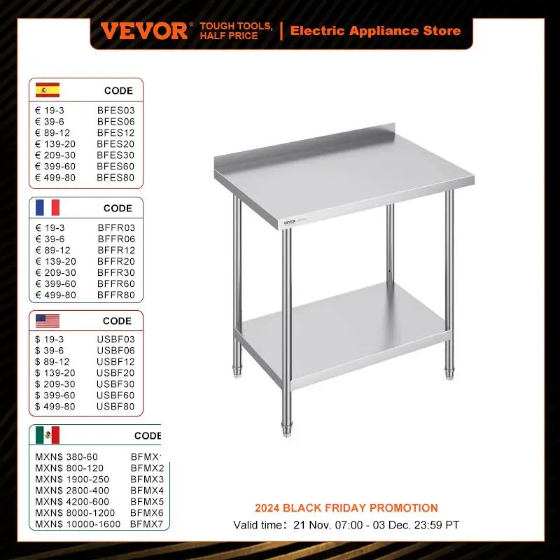 VEVOR Stainless Steel Work Table Commercial Heavy Duty Food Prep Worktable with Adjustable Height for Restaurant Home and Hotel