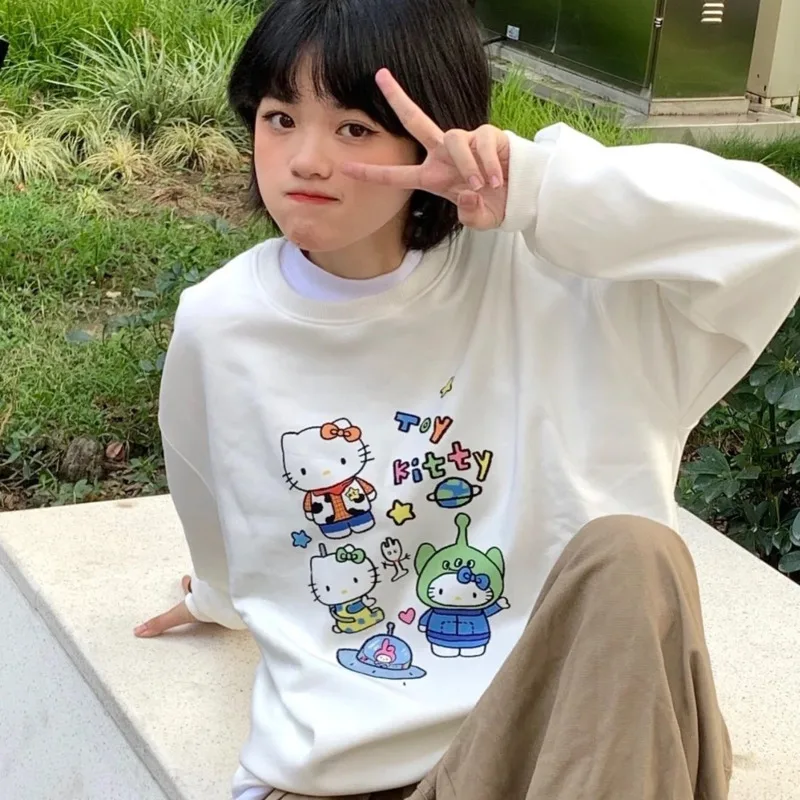 

Hello Kitty Cute Funny Print Round Neck Pullover Women Loose Fitting Casual Thin Sweatshirt Korean Version Fashion Versatile Top