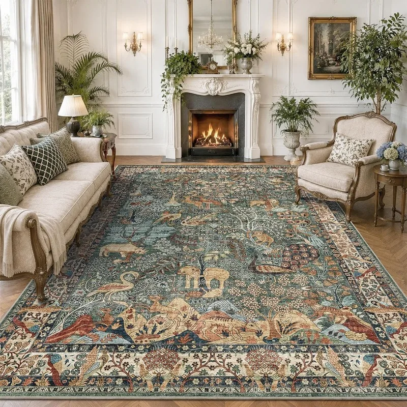 William Morris Vintage Floral Area Rug European Classical Carpet for Living Room Non-Slip Machine Washable Bedroom Floor Mat