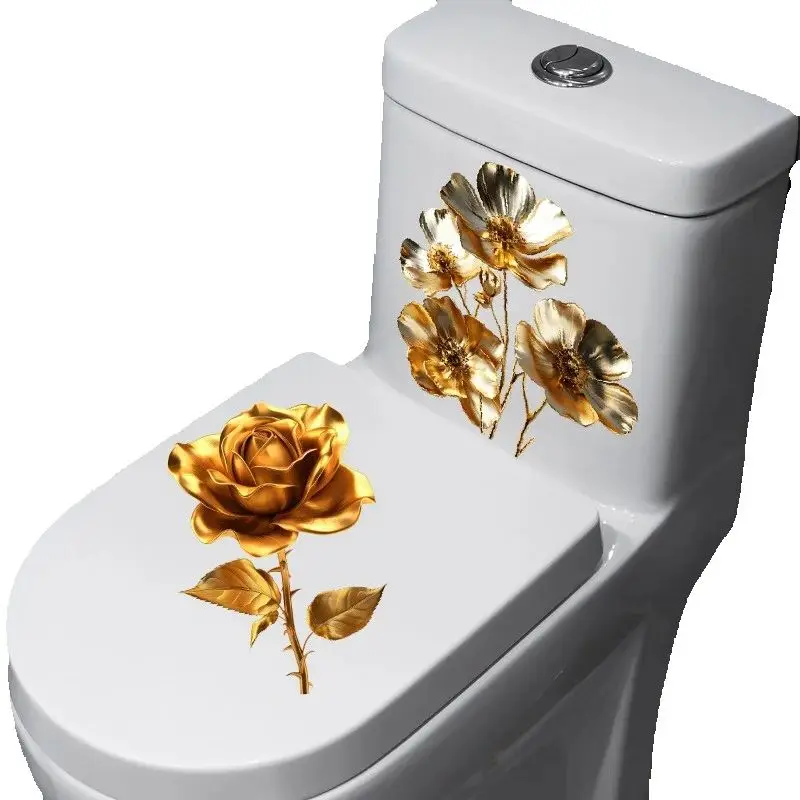 Creative Golden Floral Toilet Decal for Bathroom Washroom Background Decoration Self-Adhesive Removable Peel and Stick