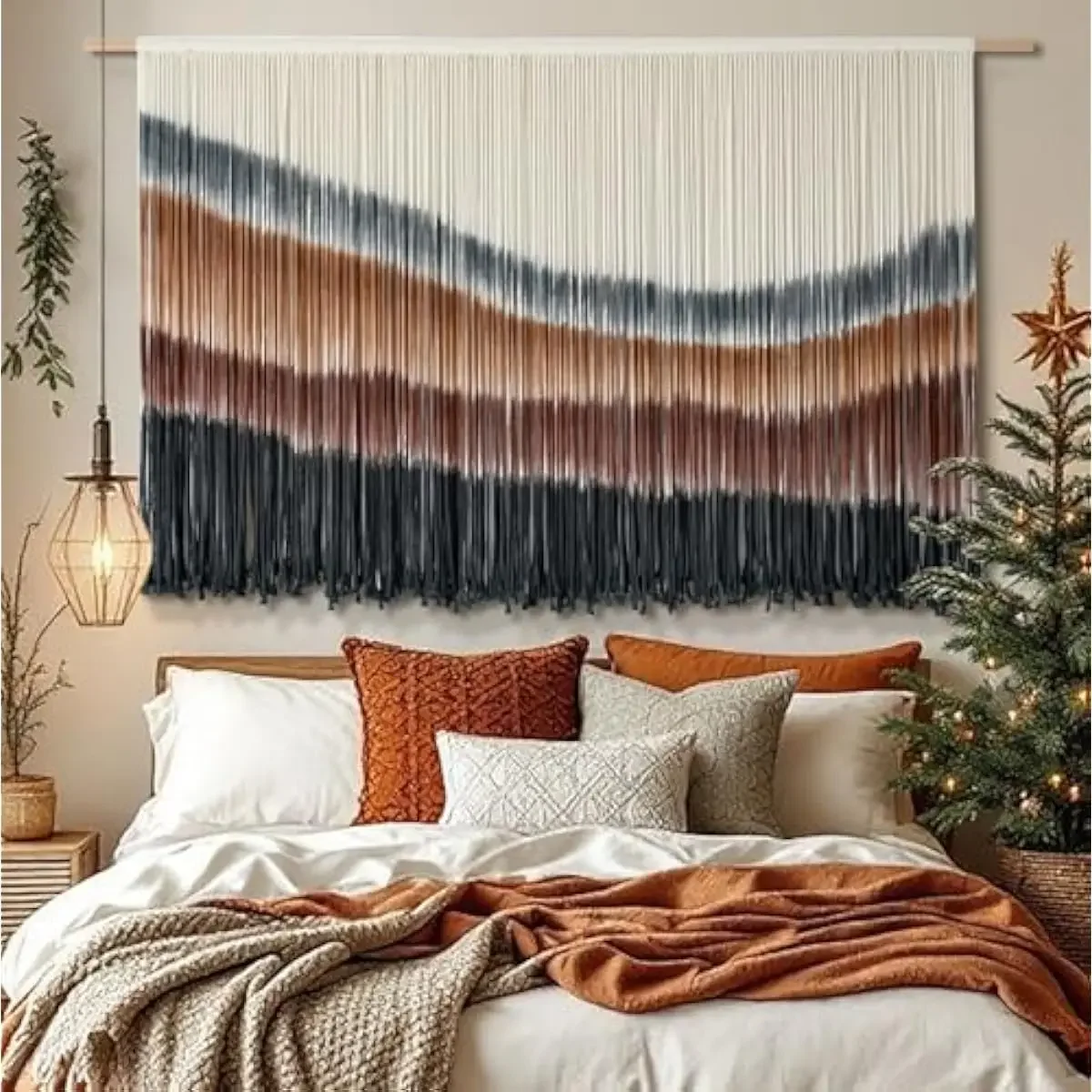 Macrame Wall Art Hand-Knotted Cotton Tapestry in Earthy Espresso and Three Harmonious Hues 57 Inch Wide by 35 Inch Long Boho Dec
