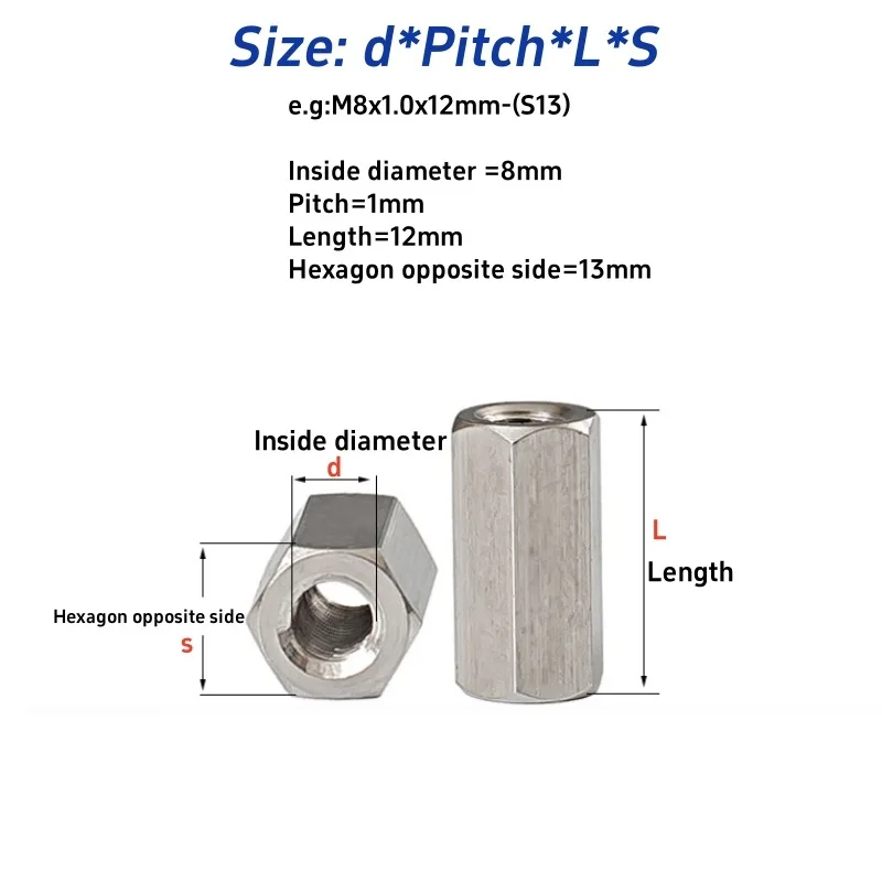 Fine Thread Hex Rod Coupling Nuts M8 M10 M12 M14 M15 M16M18M20 Extension Joint Connecting Nut Threaded Rod Bar Stud Hex Standoff