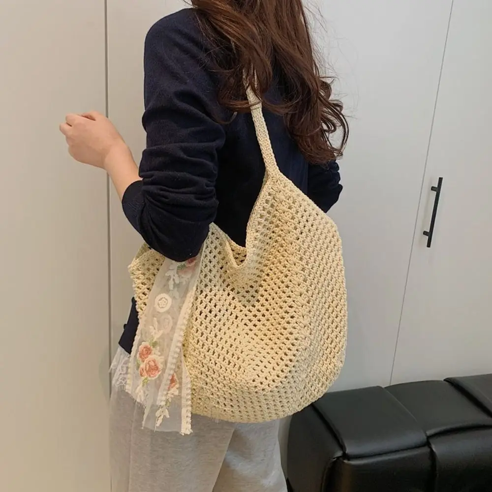 

Solid Color Women Knitting Shoulder Bag Hollow Out Soft Crochet Tote Bag with Bowknot Ribbon Spacious Sundries Storage Bag