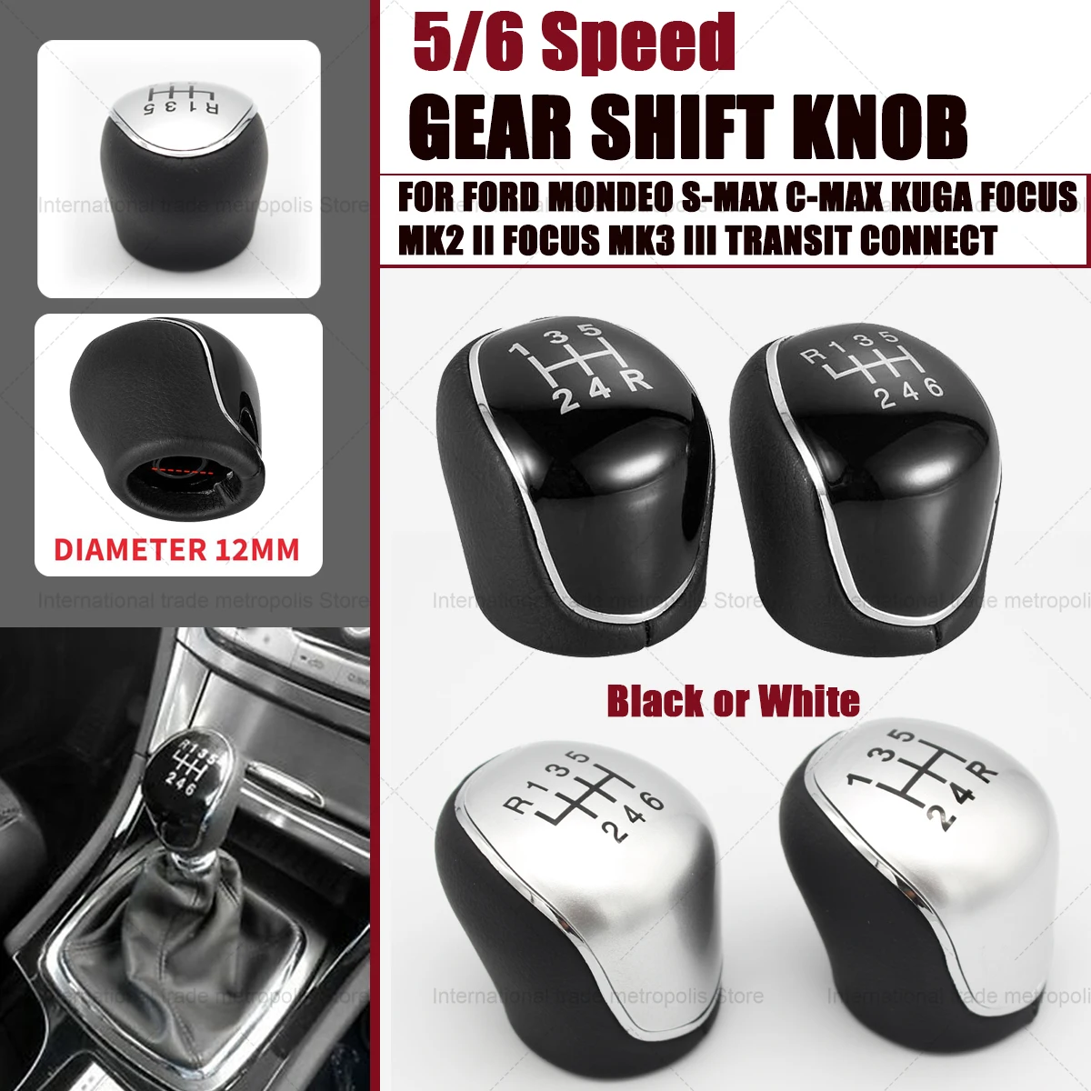 

5/6Speed Car Leather Gear Shift knob for Ford S-Max C-Max Kuga Galaxy Mondeo4 Mk4 Transit Tourneo Connect Focus Auto Accessories