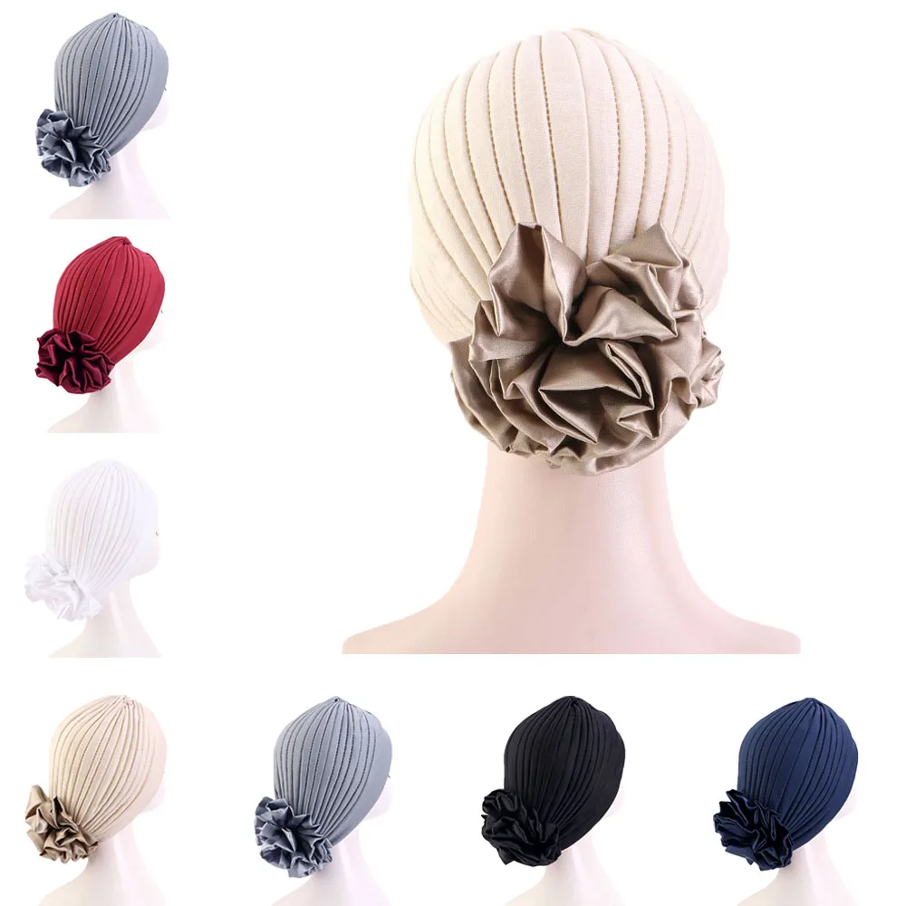 Topi bunga Satin Turban Bonnet untuk wanita Muslim, penutup kepala Bandana syal kepala Muslim untuk wanita