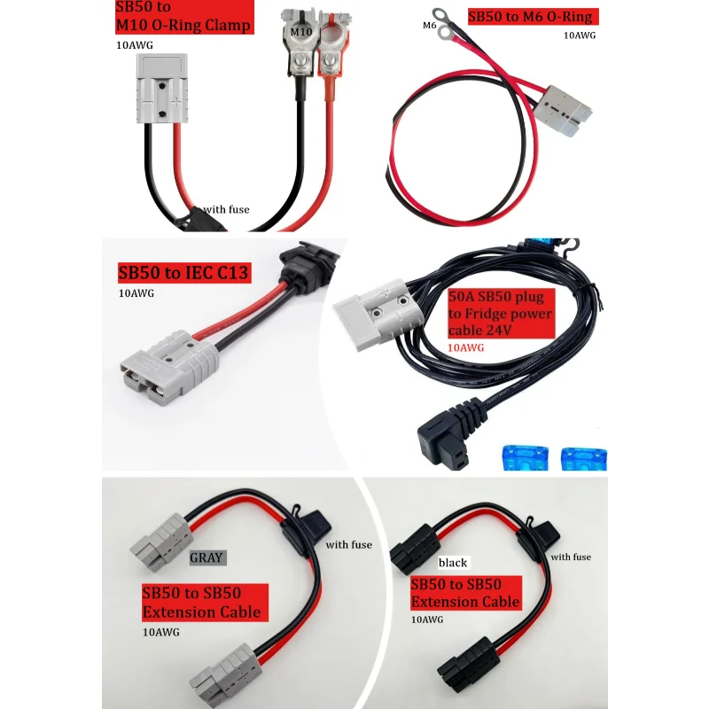 10AWG SB50 Series1 50A Adapt To M6/M8/M10 O-Ring/50A Extension Cable/1 To 2 Fridge Power Cable/IEC C13/Automobile Terminal Clamp