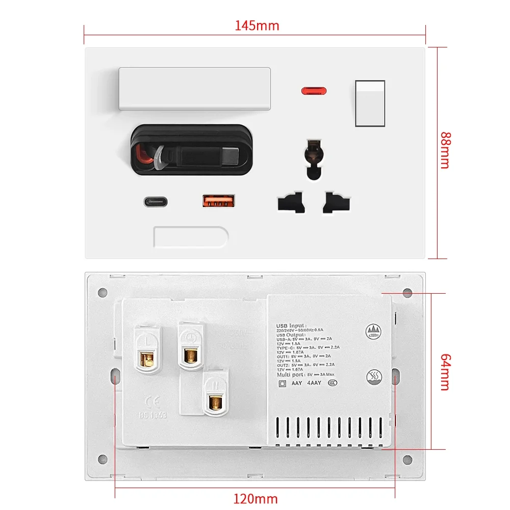 UK Universal Wall Power Socket, Home Multi-functional Outlet with Gallium Nitride 20W Fast Charging USB Type-C Interface