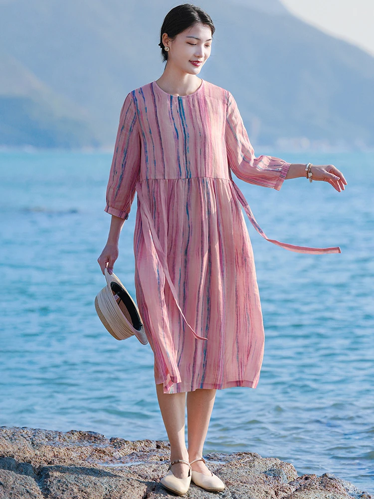 100% Ramie Women Casual Dress New Arrival 2026 Summer Vintage Style O-neck Striped Loose Female A-line Long Dresses M2840