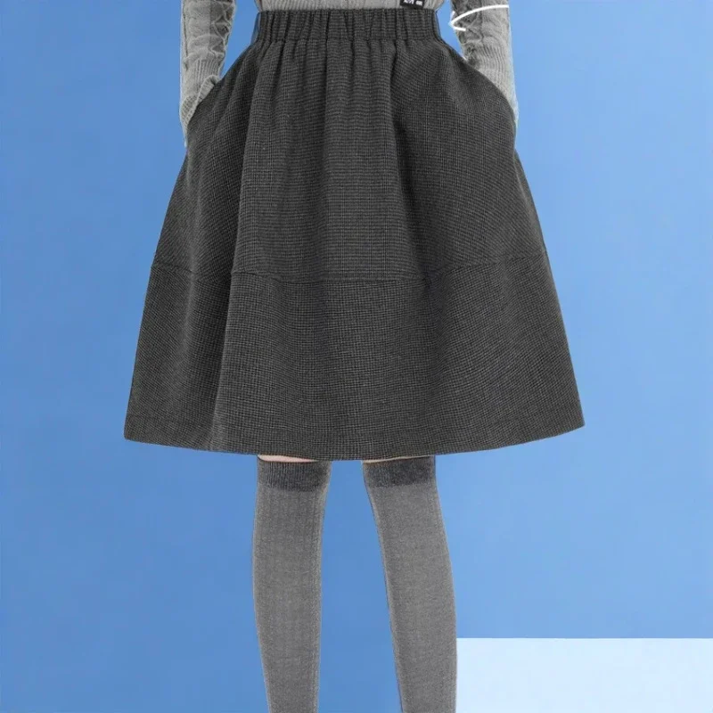 Korean New Retro College Style Woolen Skirt for Women Autumn and Winter A-line Fluffy Skirt All Match Fashion Mid Length Skirt