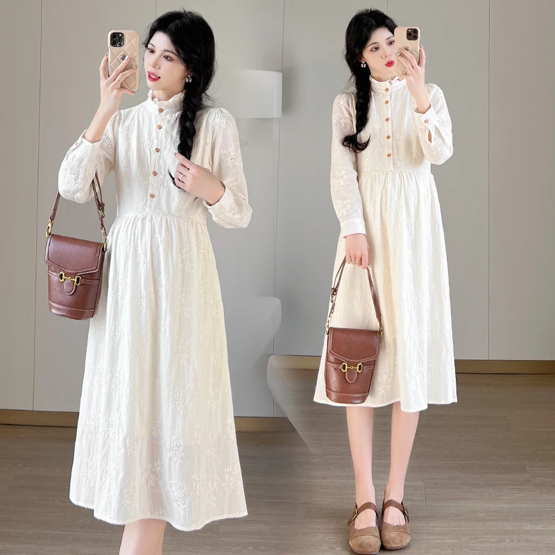 Spring New Chinese Style Embroidered Jacquard Loose Dress Maternity Half Button Fly Ruffled Collar Pregnant Woman Dobby Dresses