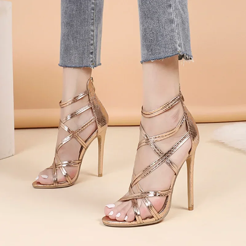 Gold Narrow Band Cross Strap Women Sandals Open Toe Rear Zipper Thin High Heels Sexy Banquet Shoes Zapatos Mujer