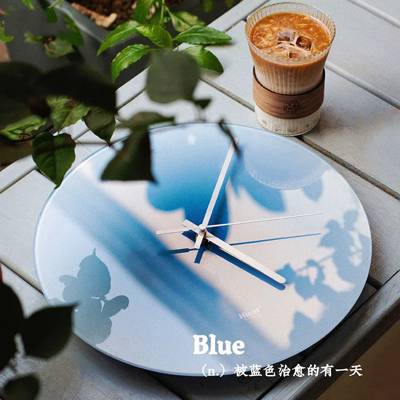 Nordic Style Gradient Sunset Wall Clock Light Luxury Living Room Punch-free Mute Glass Wall Hanging Clock Watch Home Decoration