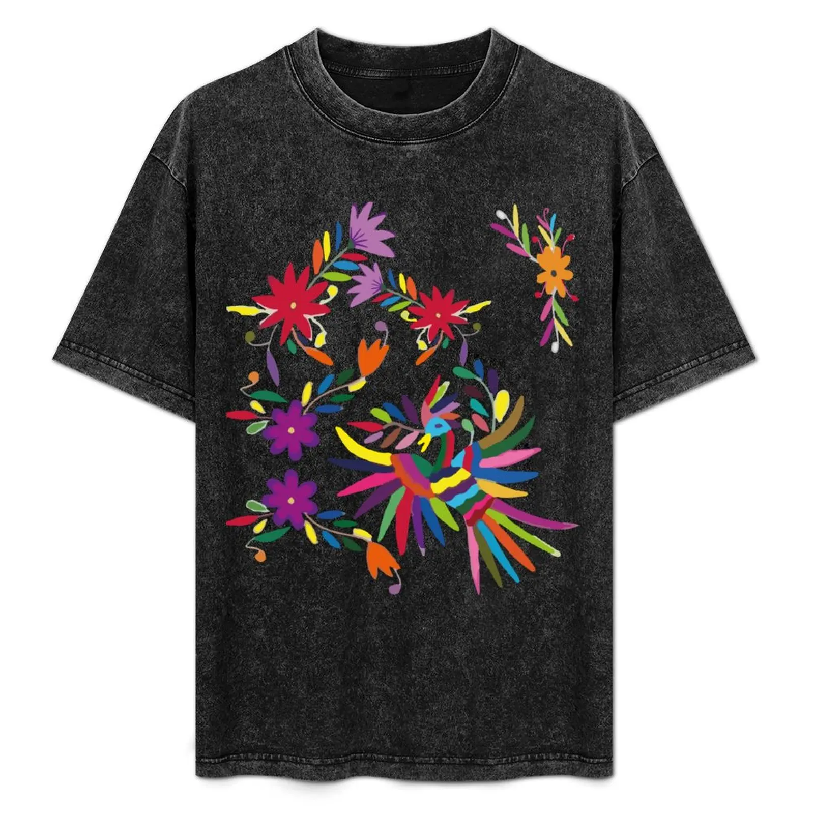 Camiseta Mexicana Bordada a Mano Multicolor con Diseño Otomí Tenango de Pájaros y Flores, Casual, Combinable con Todo, Manga Corta