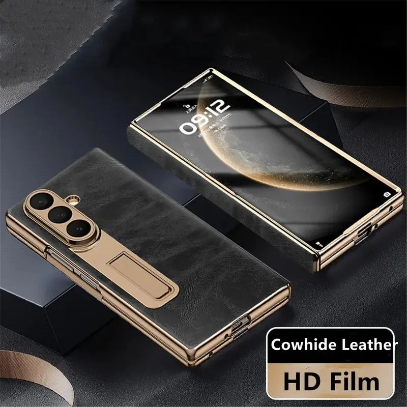 Premium Cowhide Leather Double Hinge Case for Samsung Galaxy Z Fold7 Oil Wax Holder Cover