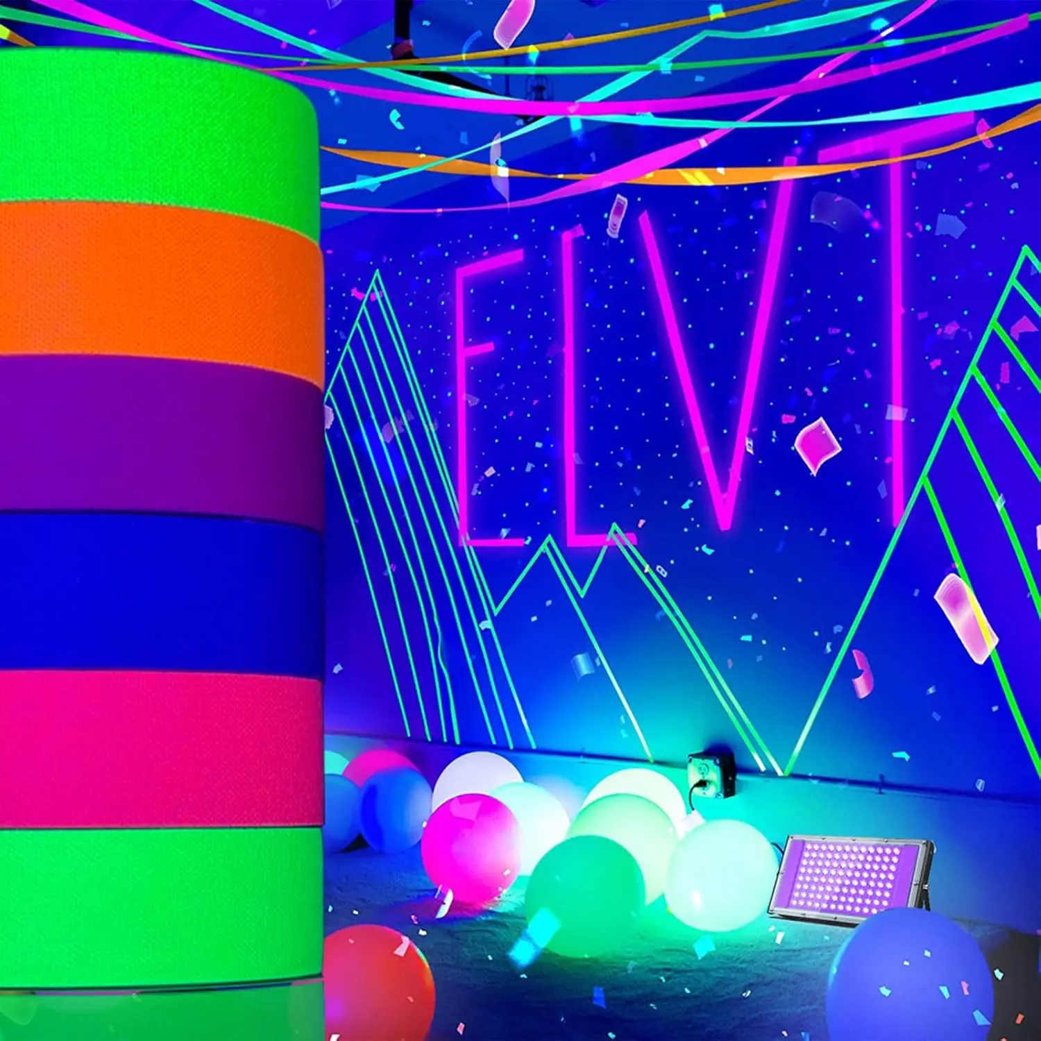 Neon light cloth tape, UV party fluorescent tape, suitable for DIY handicrafts for birthdays and holiday parties，0.59inchx16.4ft