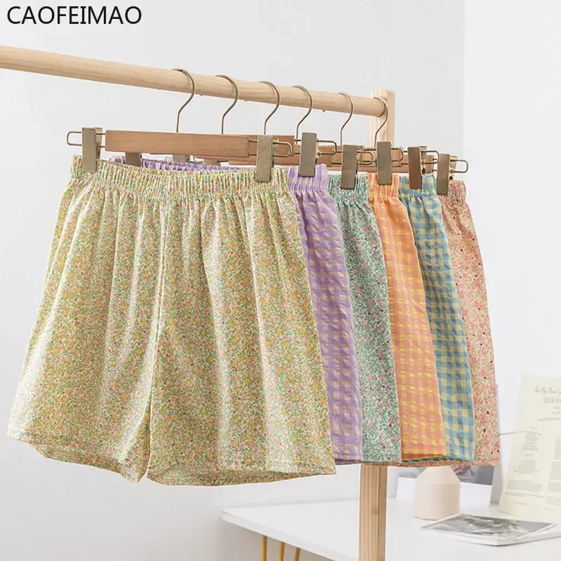 Caofeimao Summer 2025 Home Plaid Shorts Floral Pants Sports High Waist Slim Wide-leg Pants Loose Casual Pajamas Women