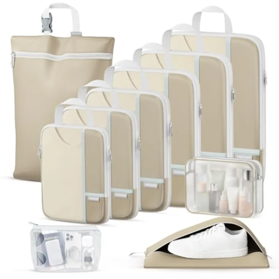

Percover Compression Packing Cubes 10-Piece Set Travel Organizer with Toiletry Bag Laundry Bag Shoe Bag in Camel for Carry On C