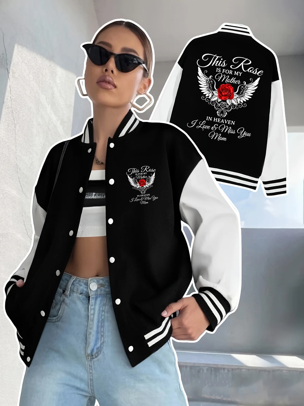 Red Rose Angel Wings Printed Jackets Women Casual Pocket Baseball Jersey Street Loose Coats Winter Fleece Warm Woman Clothes