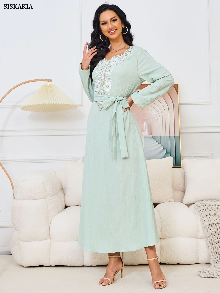 Siskakia Solid Elegant Party Floral Embroidery Beading Long Sleeve V-Neck Dress With Sashes Islamic Gulf Dubai Women Outfits