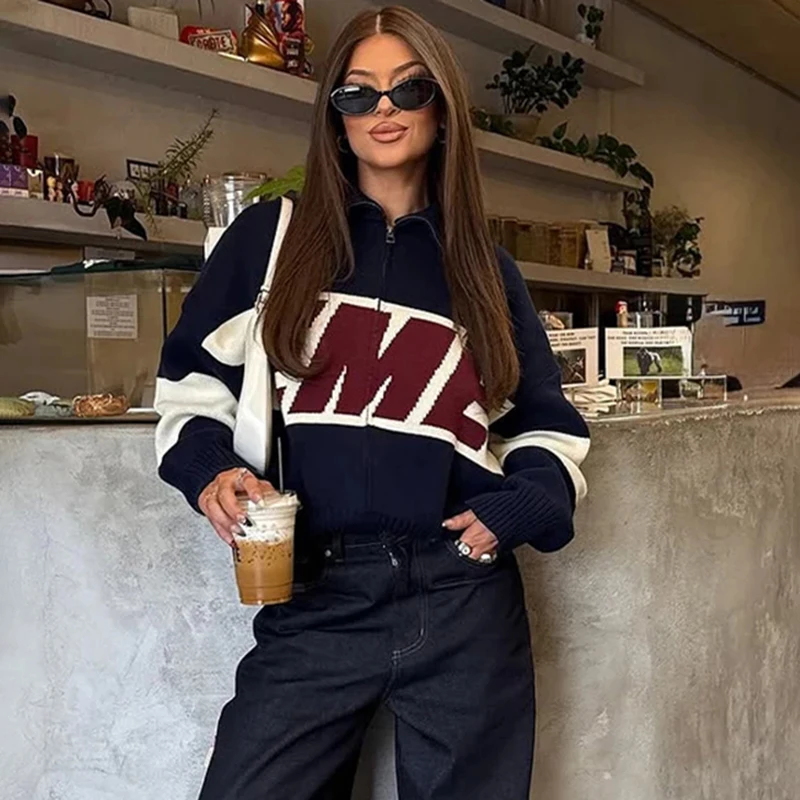 

Tornova модный жаккардовый свитер с буквенным принтом, кардиган для женщин, контрастный вязаный топ с лацканами, повседневный свитер на молнии, пальто, новинка осени 2023 г.