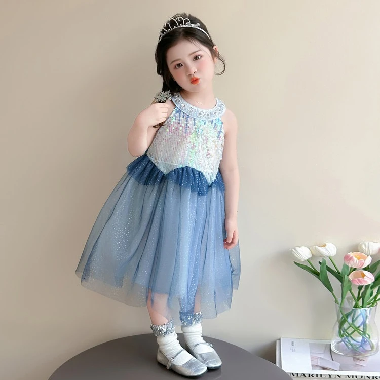 Girls Sweet Princess Dress 2026 Spring Summer New Girls Hang Neck Mesh Dress Fashion Sequins Princess Dress