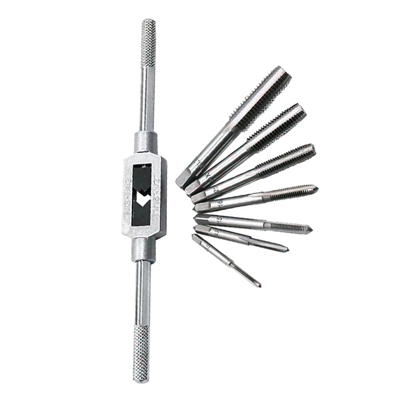 8Pcs Hss Hand Screw Tap Die Wrench Schroefdraad Plug Tap M3 M4 M5 M6 M8 M10 M12 Met Verstelbare Tap Wrench 1/16-1/2