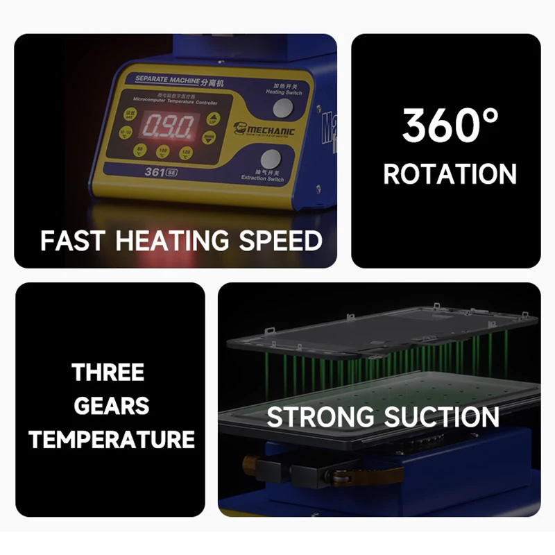 MECHANIC 361 SE Separador Giratorio Multifunción 360 °   Rotación para herramienta de eliminación de pegamento de marco de separación de calefacción de pantalla de teléfono móvil