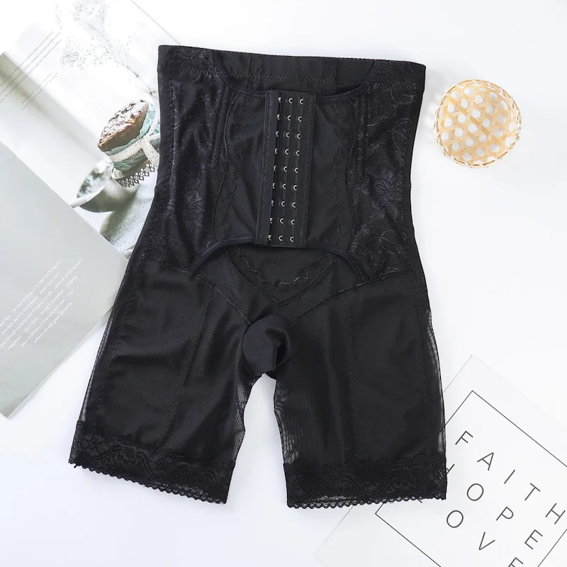 Breathable lace edge anti roll flat angle high waisted buckle high elastic mesh waist shaping lifting and belly tightening pants