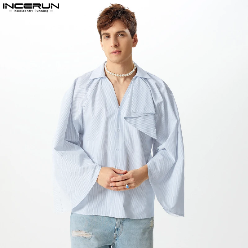 Men Casual Stripe Stitching Tops INCERUN Flared Long Sleeve V-neck Cloth SplicIing Sense Of Design Shirts Elegant Vintage Blouse