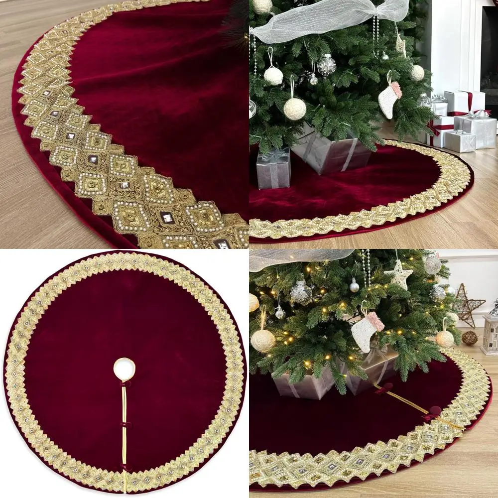 

Gilded Velvet Christmas Tree Skirt, 60 Inch, Burgundy, Gold Embellished Border, Foam-Padded, Button Closure
