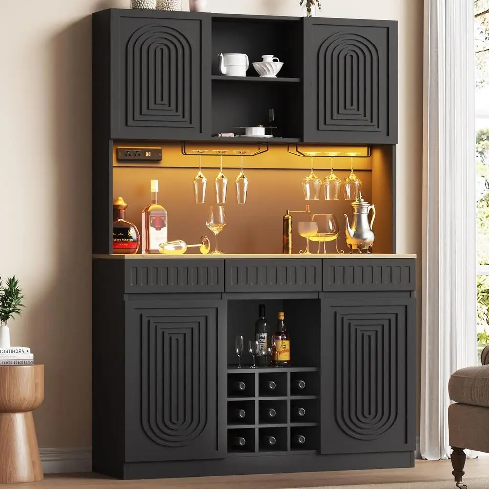 

71 Tall Wine Bar Cabinet with LED Lights, Charging Station & 9-Cube Glass Rack for Kitchen and Dining Area (Black)