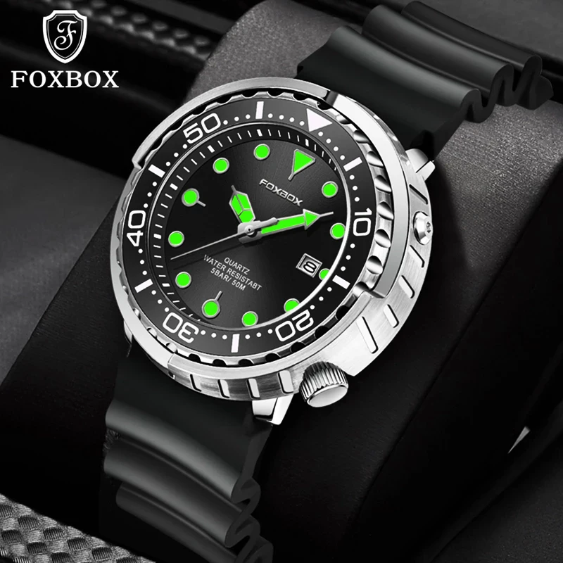 FOXBOX Men Watch Automatic Date Silicone Strap Sport Watch for Men 50m Waterproof Military Rotatable Bezel Wristwatch Men\'s Gift