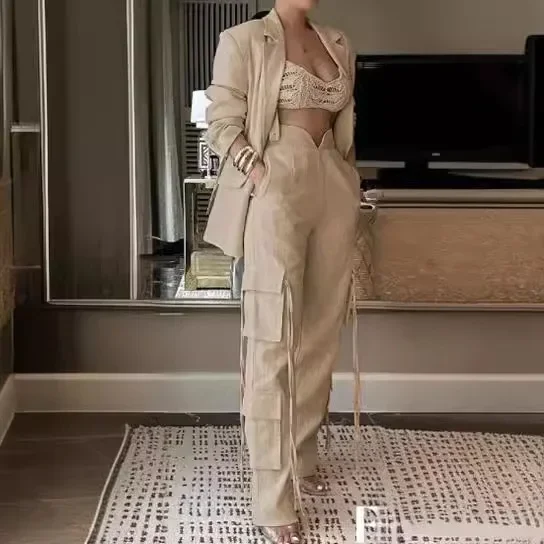 

Two Piece Sets Womens Outifits Commuter Suit Solid Long Sleeve Turn Down Collar Tops and Wide Leg Pants with Multiple Pockets