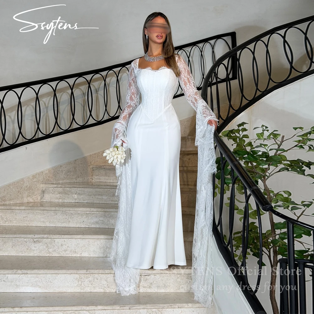 

SSYTENS Elegant Arabic Wedding Dresses Lace Long Sleeves Bride Dresses Slim Simple White Customized Saudi Mermaid Bridal Gowns