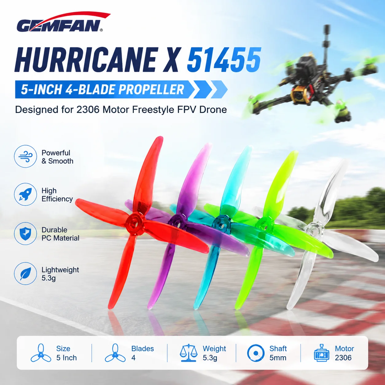 Gemfan Hurricane X 51455 5 Inch 4-Blade Propeller 5.3g for 2306 Motor Freestyle FPV Drone