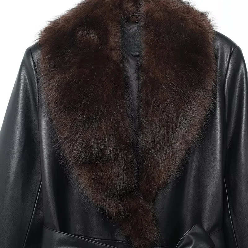 2025 Winter New Women's Casual Fashionable Temperament Lapel Faux Leather Detachable Collar with Belt Versatile Coat
