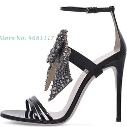 Grey Crystal Butterfly Women's Sandals With Heel Casual Buckle Super High Stiletto Heels Summer Elegant Ladies Party Sandals