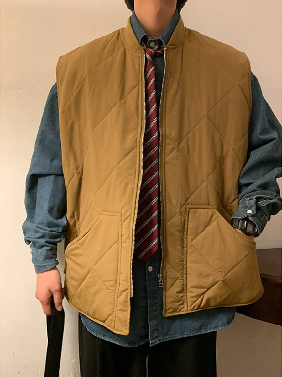 

Retro Japanese Sle Baseball Collar Cotton Vest Men's Loose Trendy Color Svel oulder Pad Vest Winter Outerwear