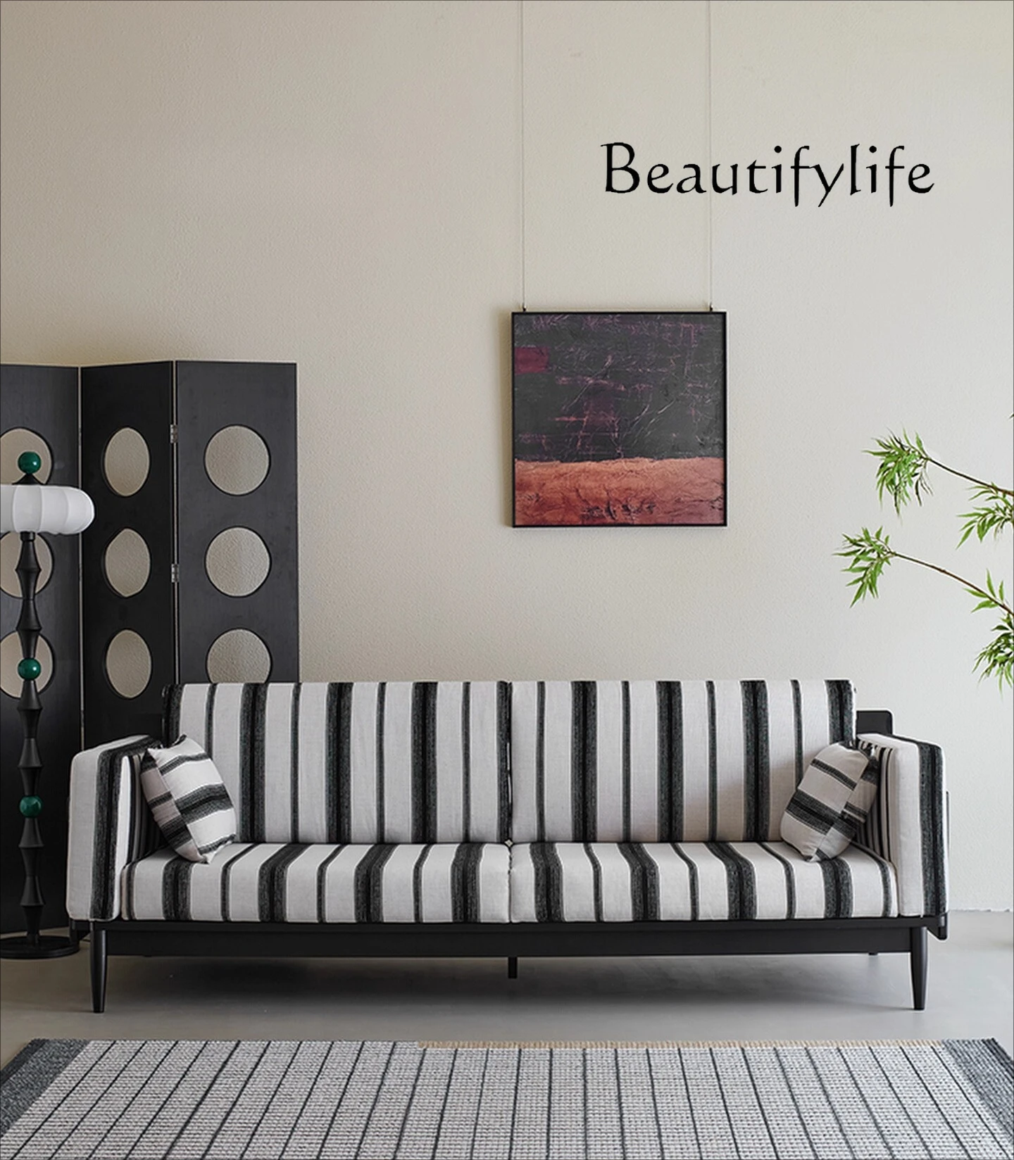 Solid wood fabric sofa retro black medieval ash wood living room three-person straight row sofa removable and washable