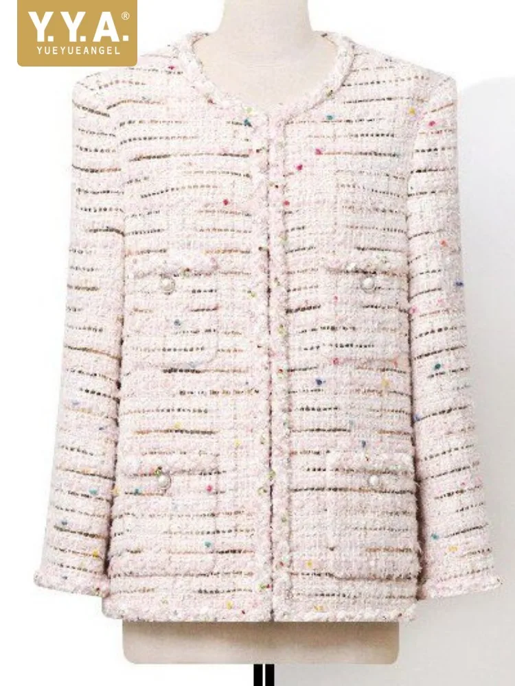 Sweet Female Sequins Pearl Fashion Solid Color Jacket Versatile Ladies Round Neck Straight Coat Fashion Long Sleeves Outwear
