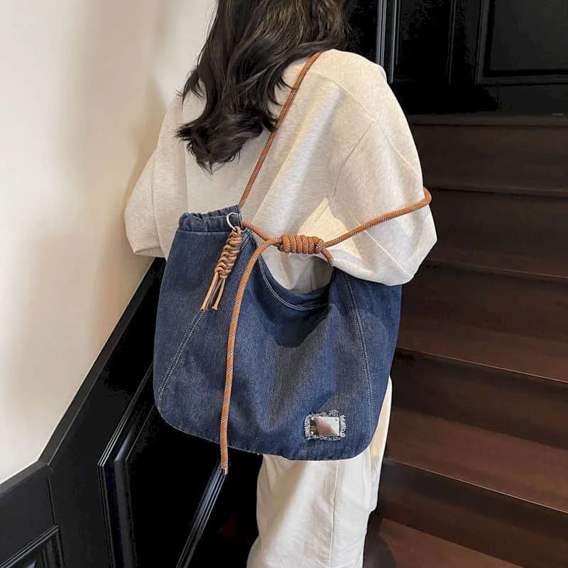 

Denim Tote Bags Reusable Waterrproof Shoulder Bags Casual Letter Design High-capacity Japanese Style Student Handbag for Women