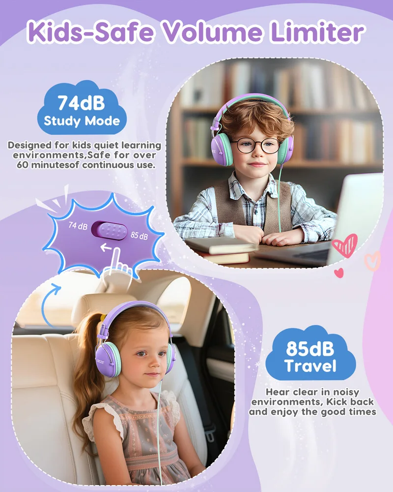 Acer Kids Headphones 74/85dB Safe Volume Kids Headphones with Cord 3.5mm Jack Stereo Wired on-Ear Headphones for Boys Girls view 4
