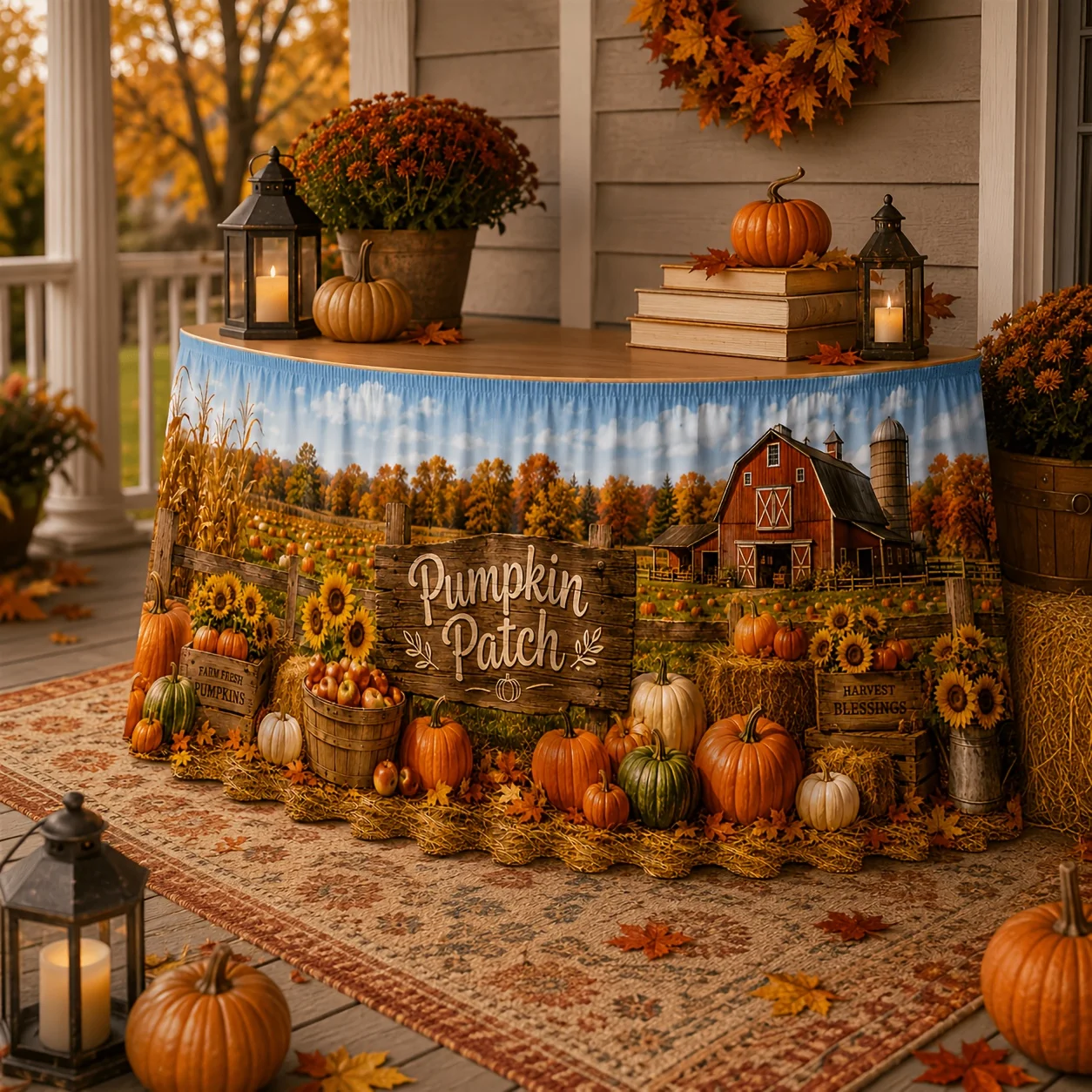 One tablecloth. Pumpkin field, red barn, sunflower, pumpkin, hay bales. Farm. Autumn harvest. Thanksgiving dinner table.xzj